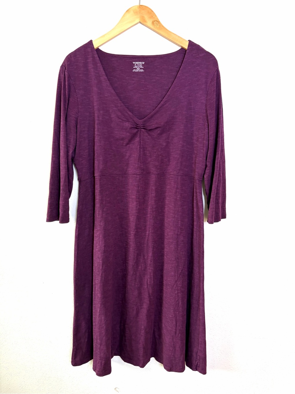 Toad&Co Plum V-Neck Long Sleeve Knee Dress organic cotton knit XL knee length